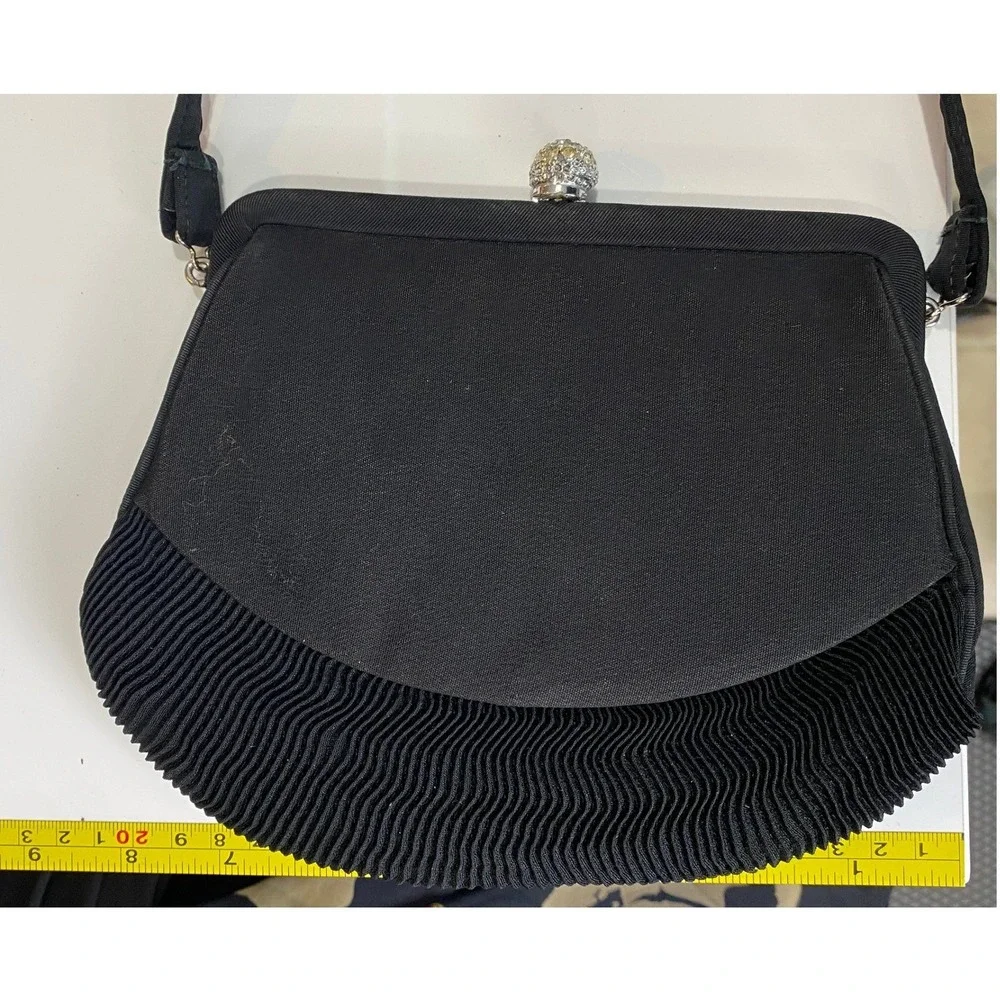 Vintage Black Pleated Clutch Purse Rhinestone Dome Clasp Gold Lining Evening Bag